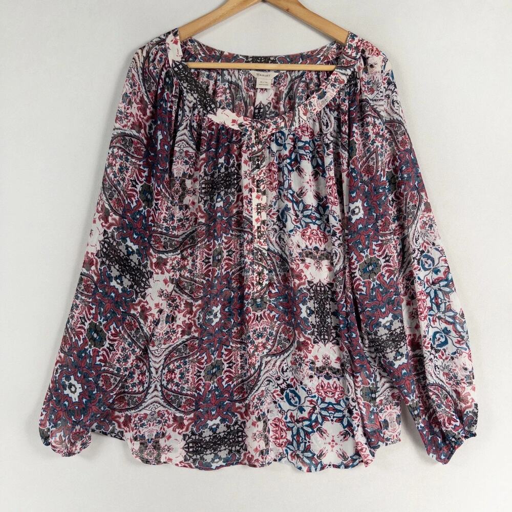 Ariat Womens Blouse Top Multicolor Floral Long Sleeve Sheer Boho Western XL